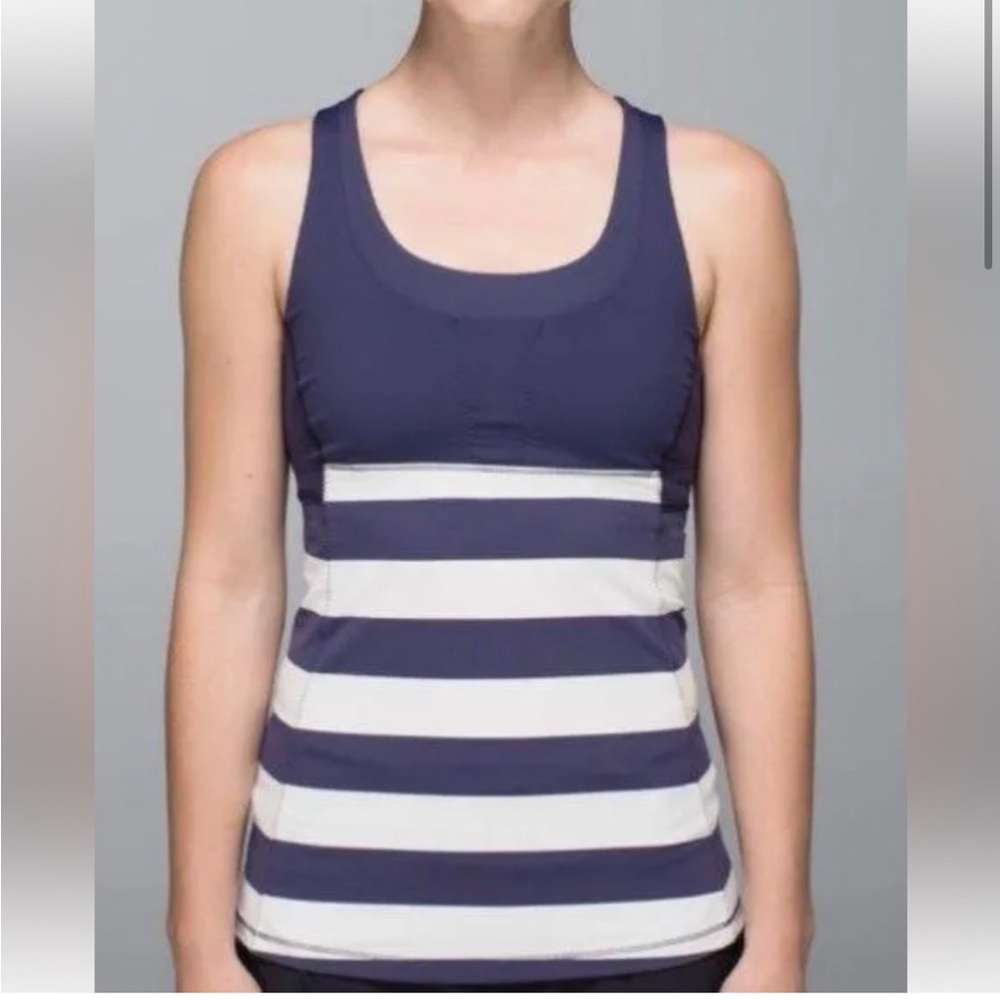 Lululemon work out tank with built in bra, size 12, navy and white striped
